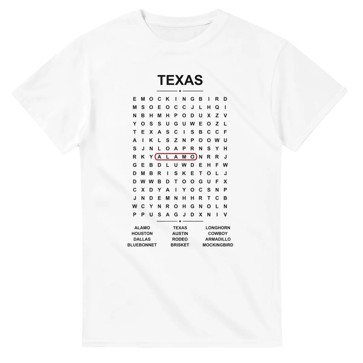 Word-search sheet for Texas, with a large place-name heading, a letter grid, a local answer list, and a red highlighted example word.