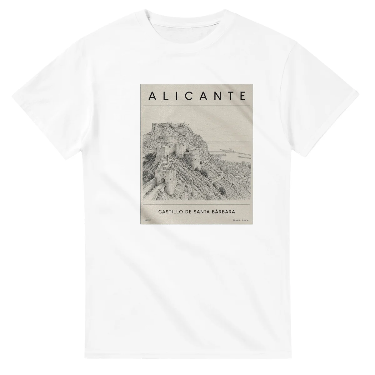 Fine-line engraving-style drawing for Alicante, with a landmark caption and small coordinate text.