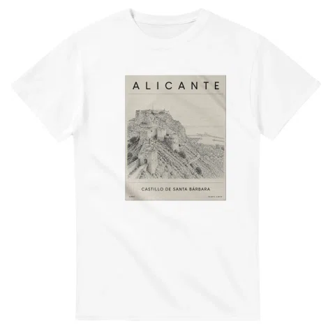 Fine-line engraving-style drawing for Alicante, with a landmark caption and small coordinate text.