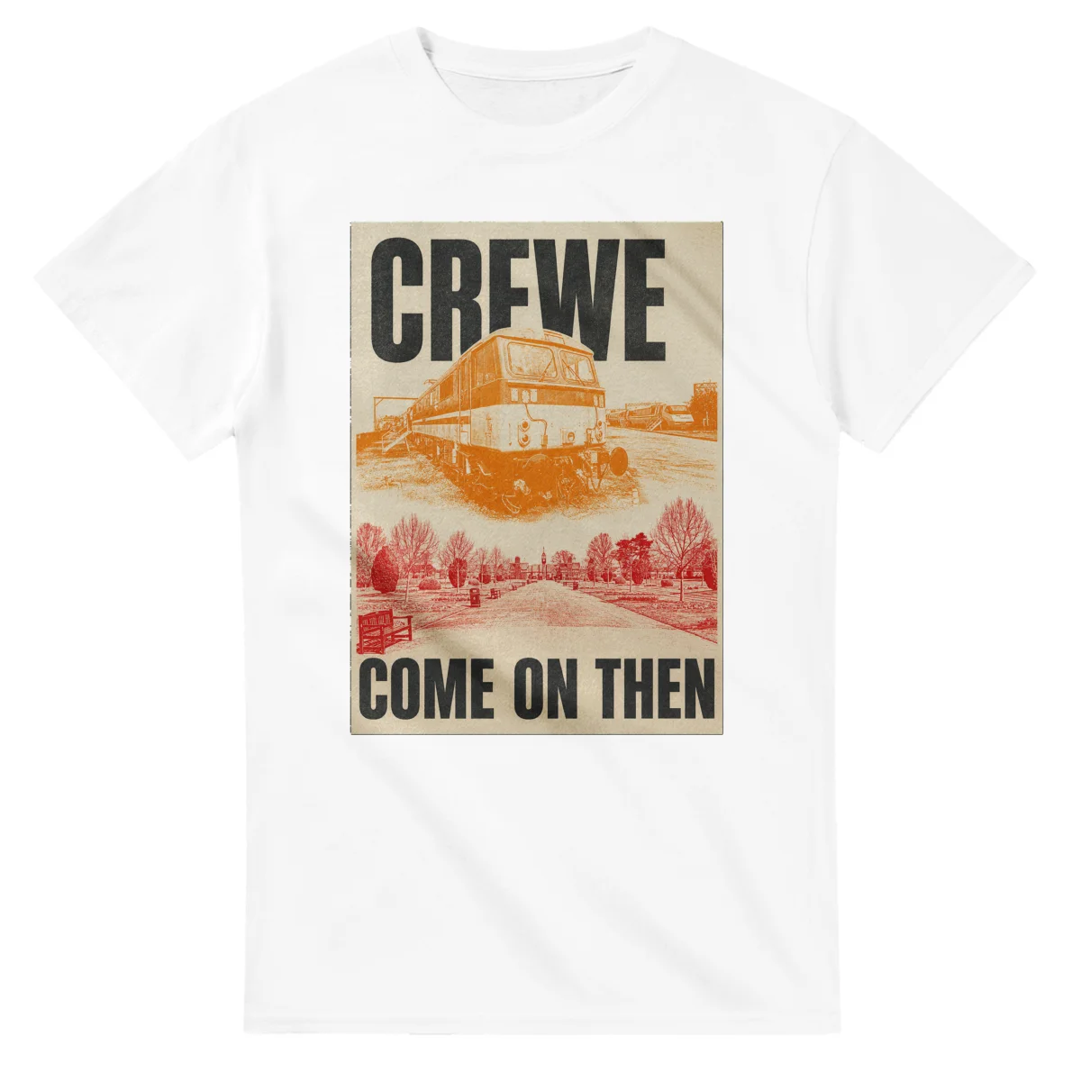 Two-colour scenic illustration for Crewe, with the place name and COME ON THEN lettering.