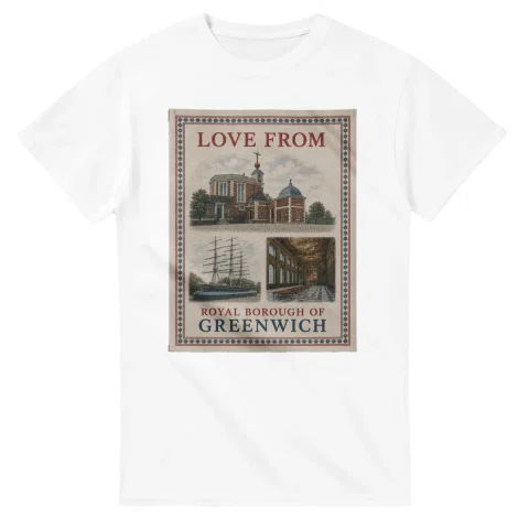 Framed scenic design for Royal Borough of Greenwich, with several local views, a decorative border and LOVE FROM lettering.