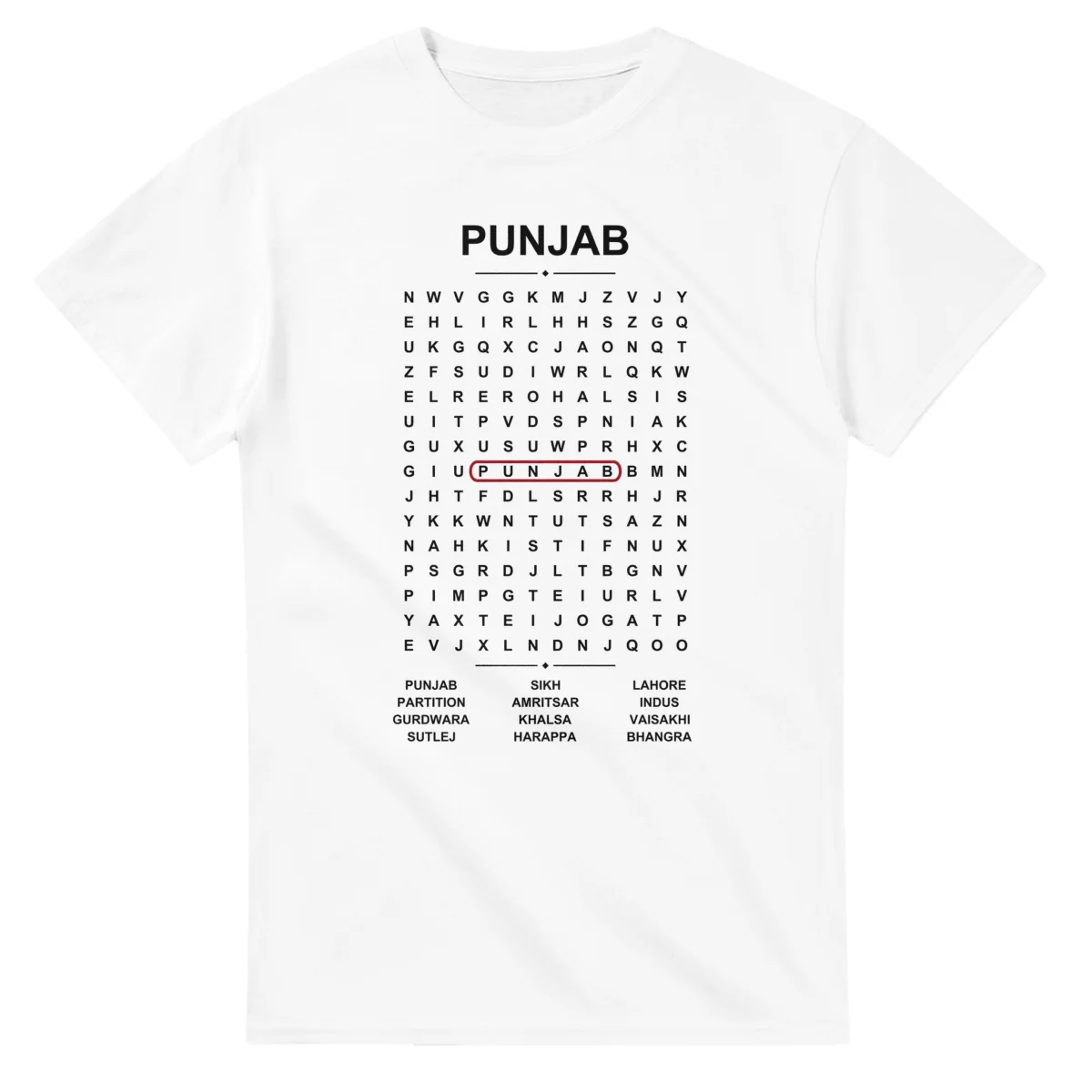 Word-search sheet for Punjab, with a large place-name heading, a letter grid, a local answer list, and a red highlighted example word.