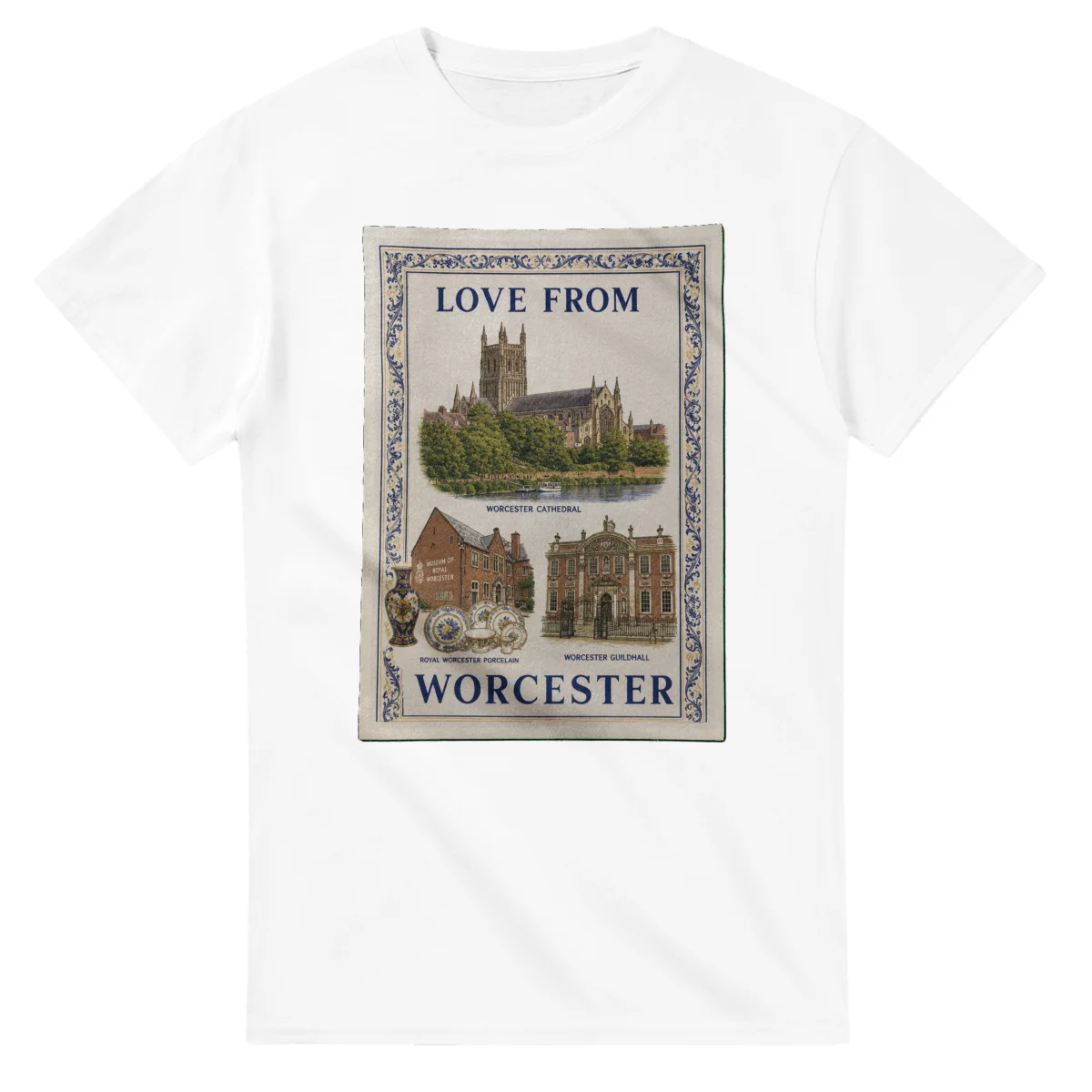 Framed scenic design for Worcester, with several local views, a decorative border and LOVE FROM lettering.