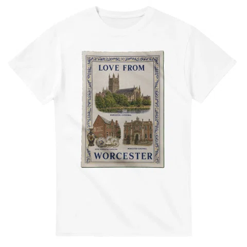 Framed scenic design for Worcester, with several local views, a decorative border and LOVE FROM lettering.