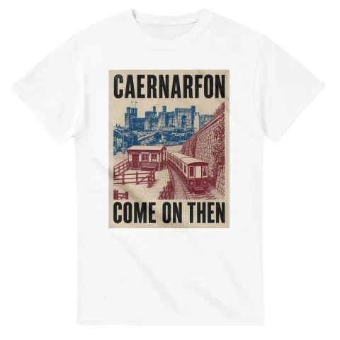 Two-colour scenic illustration for Caernarfon, with the place name and COME ON THEN lettering.
