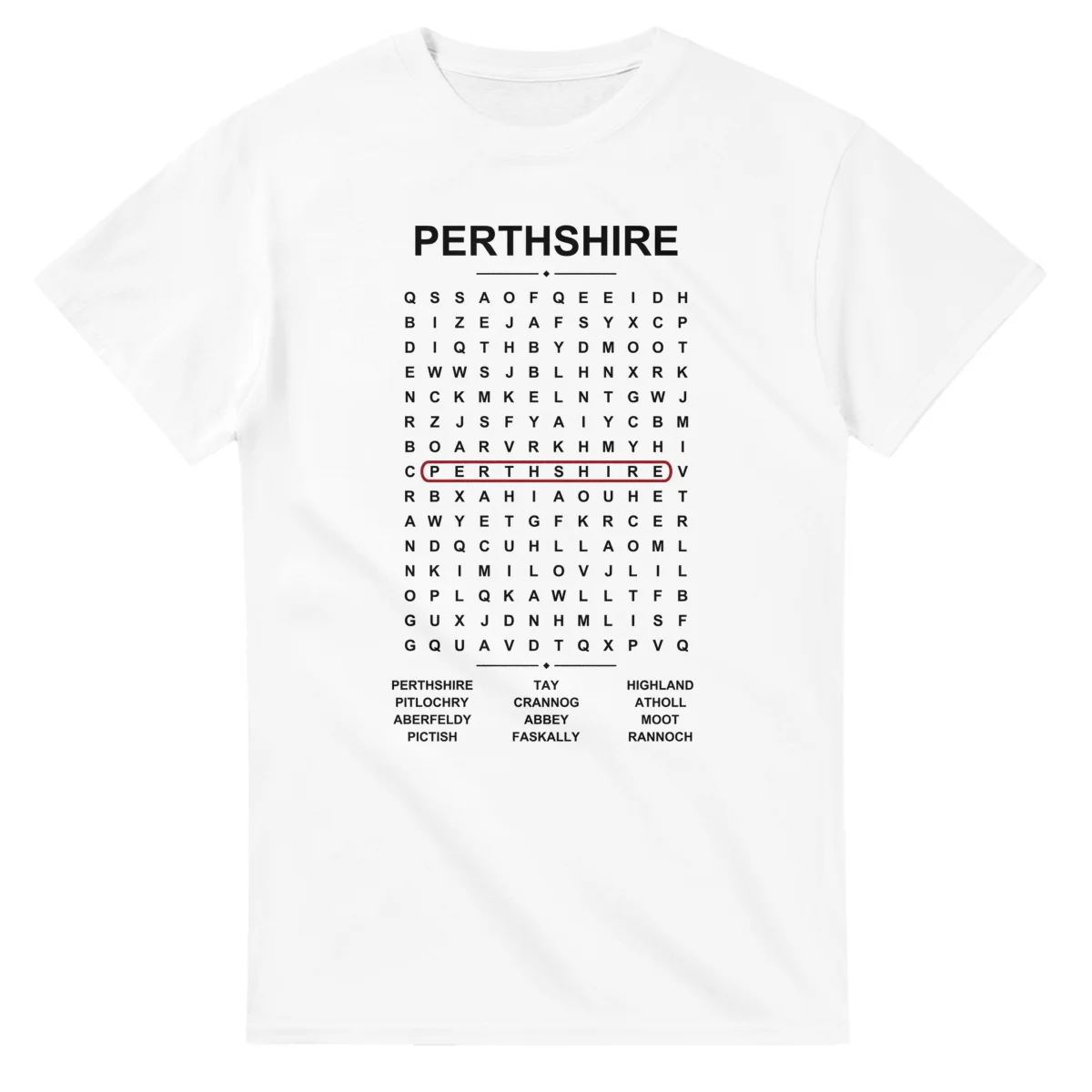 Word-search sheet for Perthshire, with a large place-name heading, a letter grid, a local answer list, and a red highlighted example word.