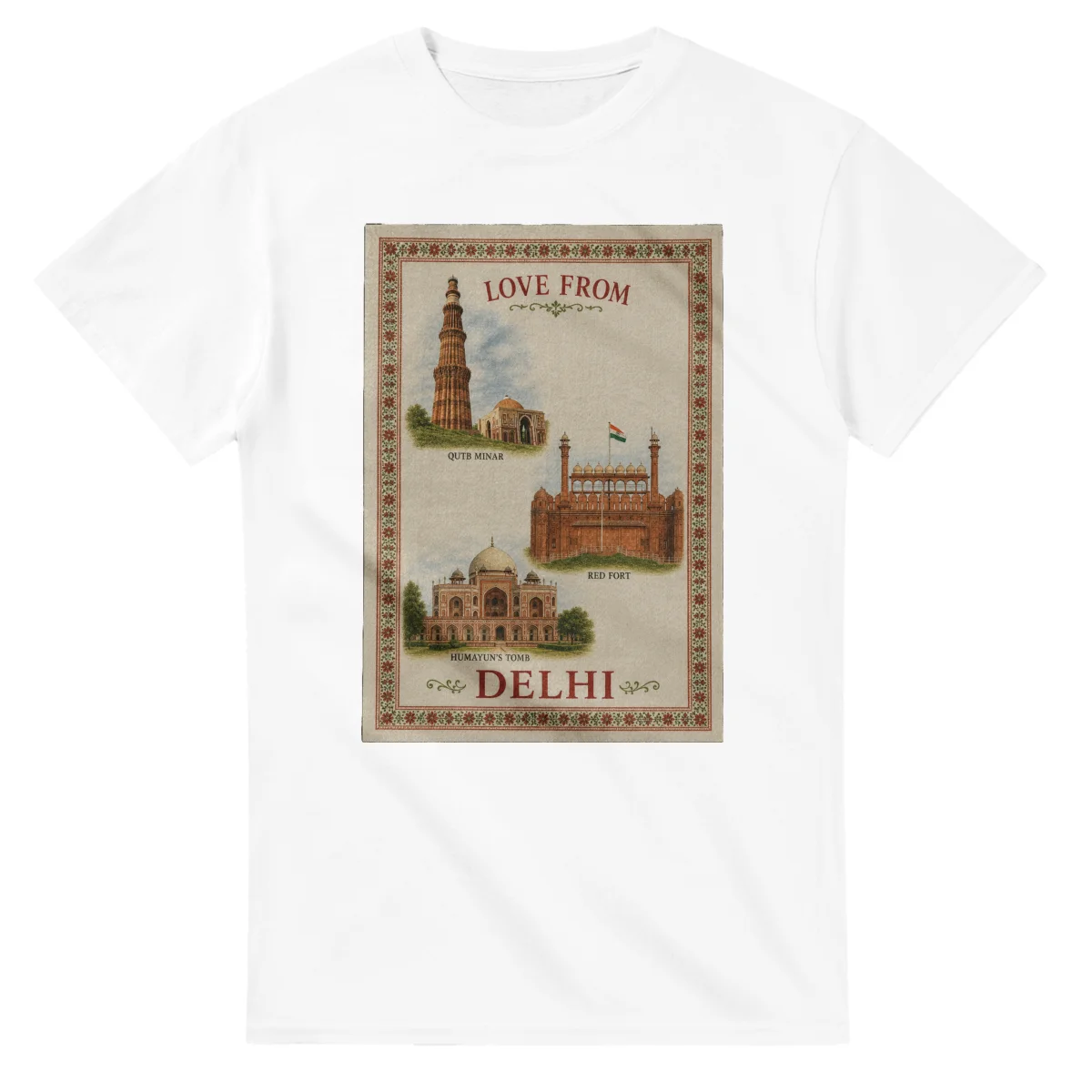 Framed scenic design for Delhi, with several local views, a decorative border and LOVE FROM lettering.