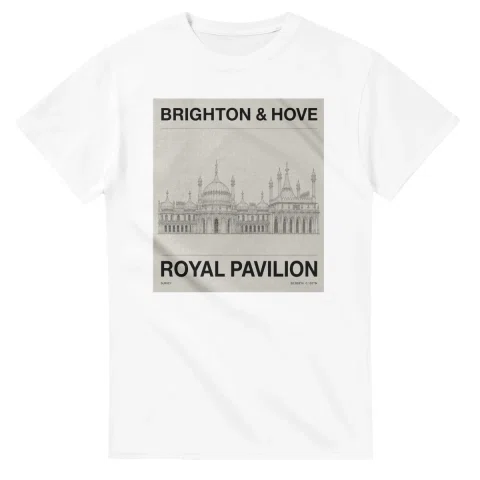 Fine-line engraving-style drawing for Brighton & Hove, with a landmark caption and small coordinate text.