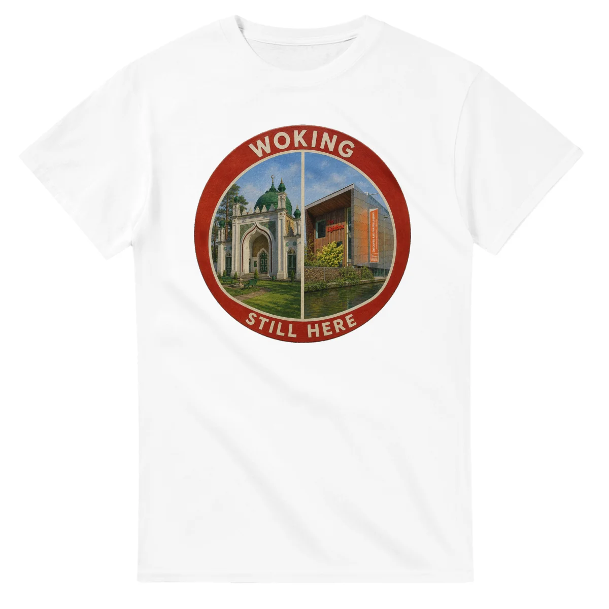 Painted, panelled scenic illustration for Woking, with paired local scenes and the place name in lettering.