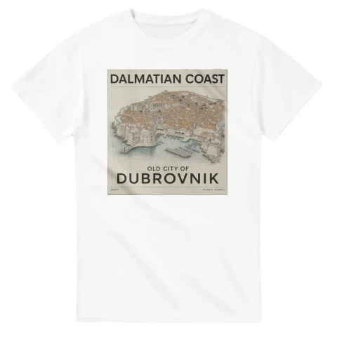 Fine-line engraving-style drawing for Dalmatian Coast, with a landmark caption and small coordinate text.