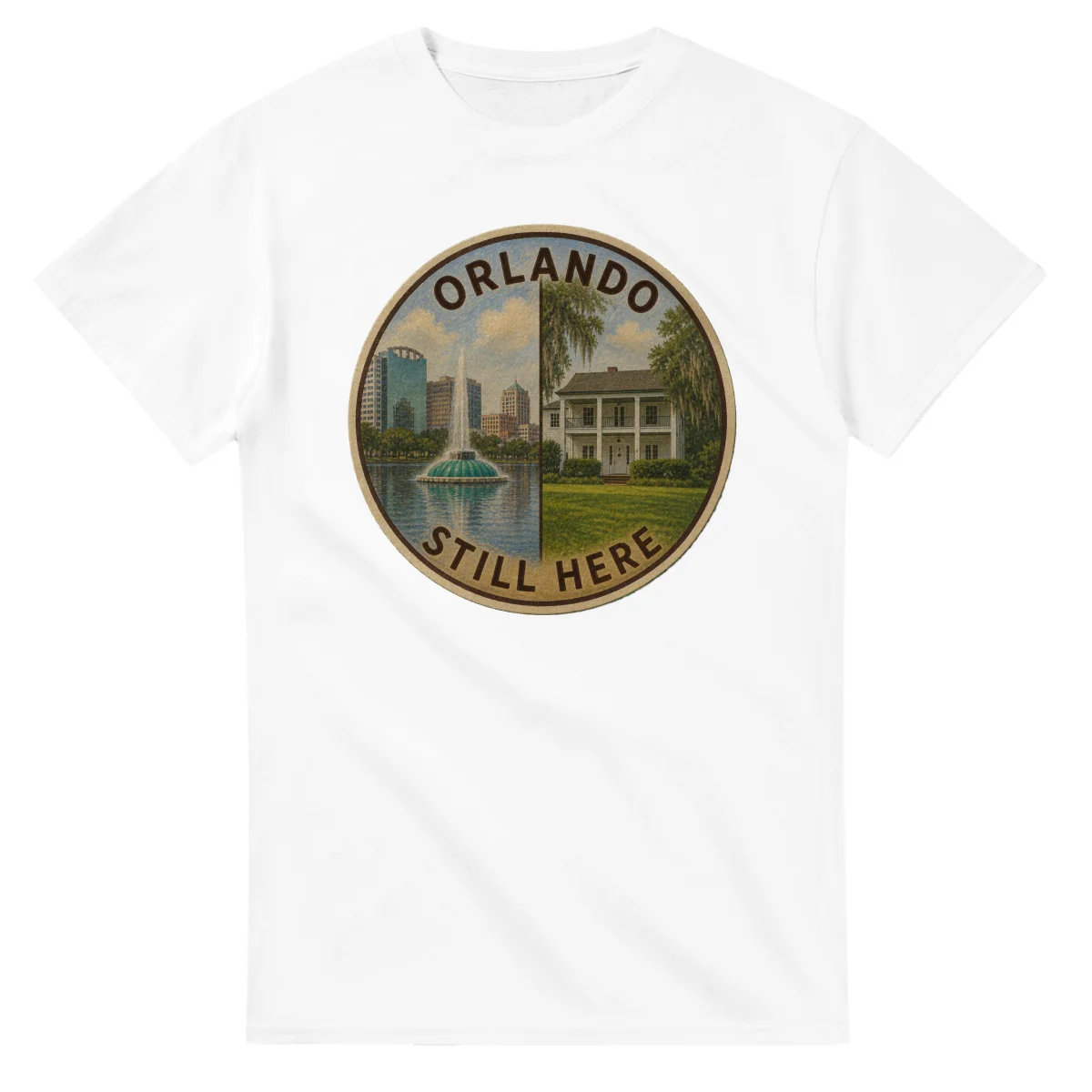 Painted, panelled scenic illustration for Orlando, with paired local scenes and the place name in lettering.