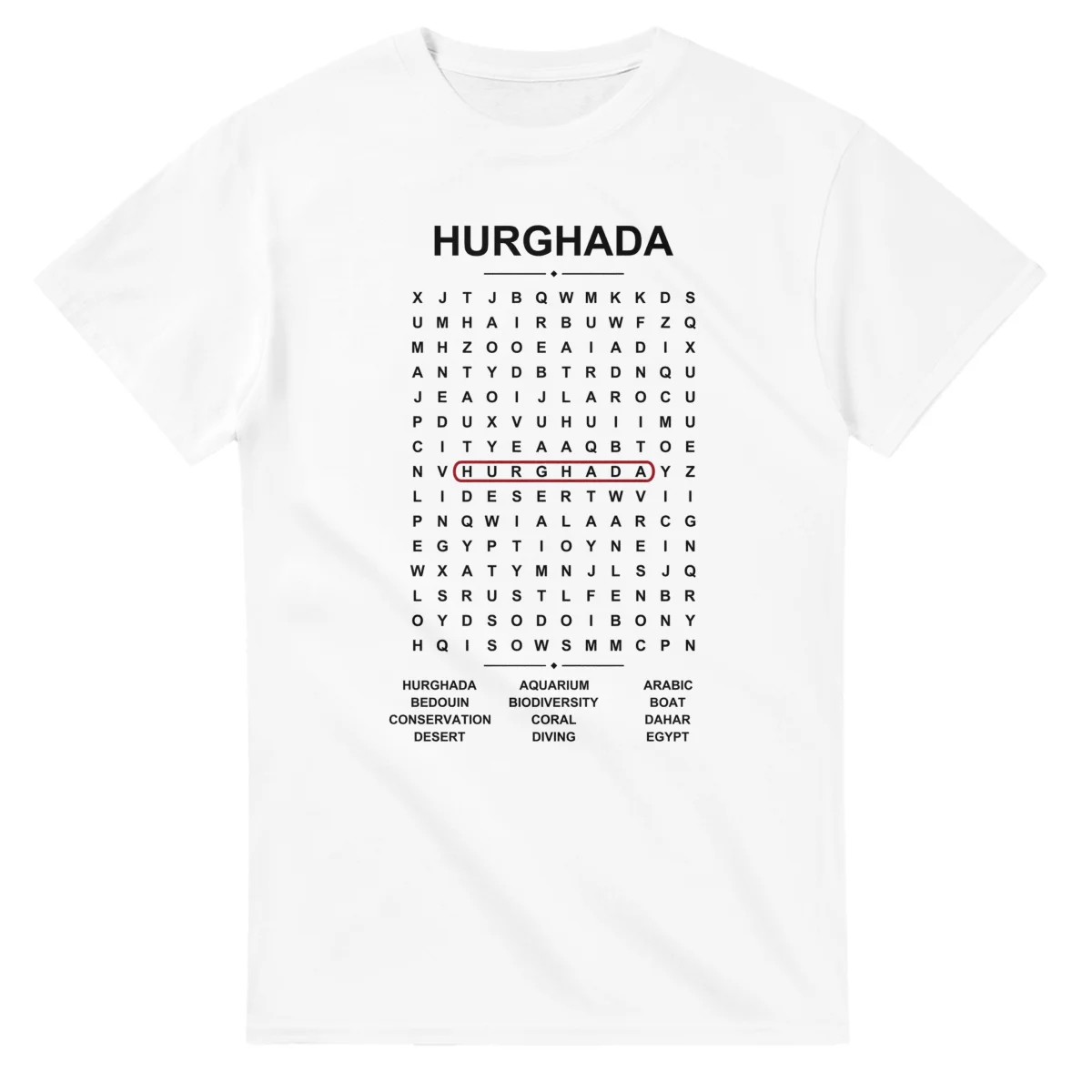 Word-search sheet for Hurghada, with a large place-name heading, a letter grid, a local answer list, and a red highlighted example word.