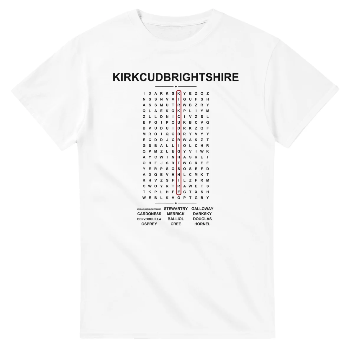 Word-search sheet for Kirkcudbrightshire, with a large place-name heading, a letter grid, a local answer list, and a red highlighted example word.