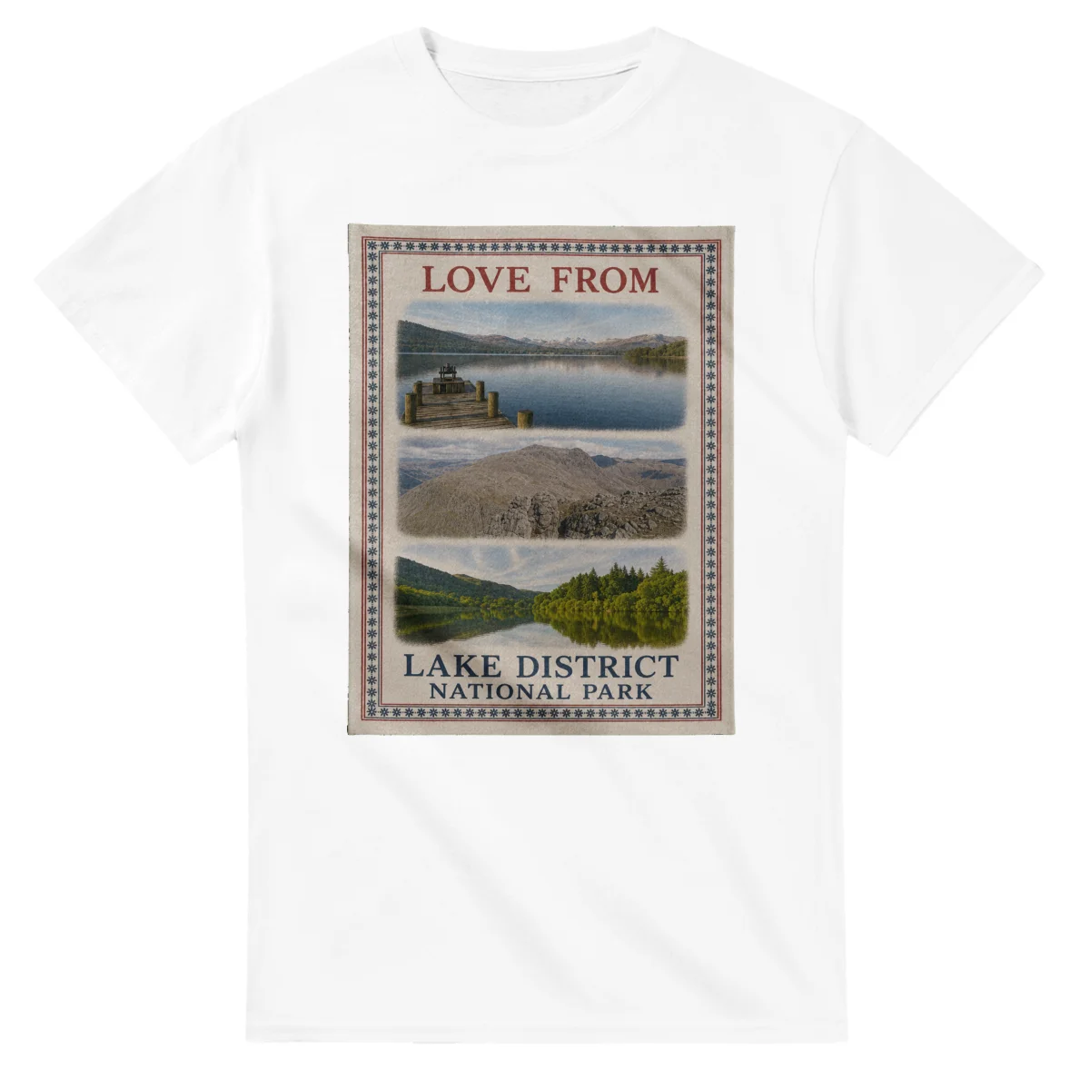 Framed scenic design for Lake District National Park, with several local views, a decorative border and LOVE FROM lettering.