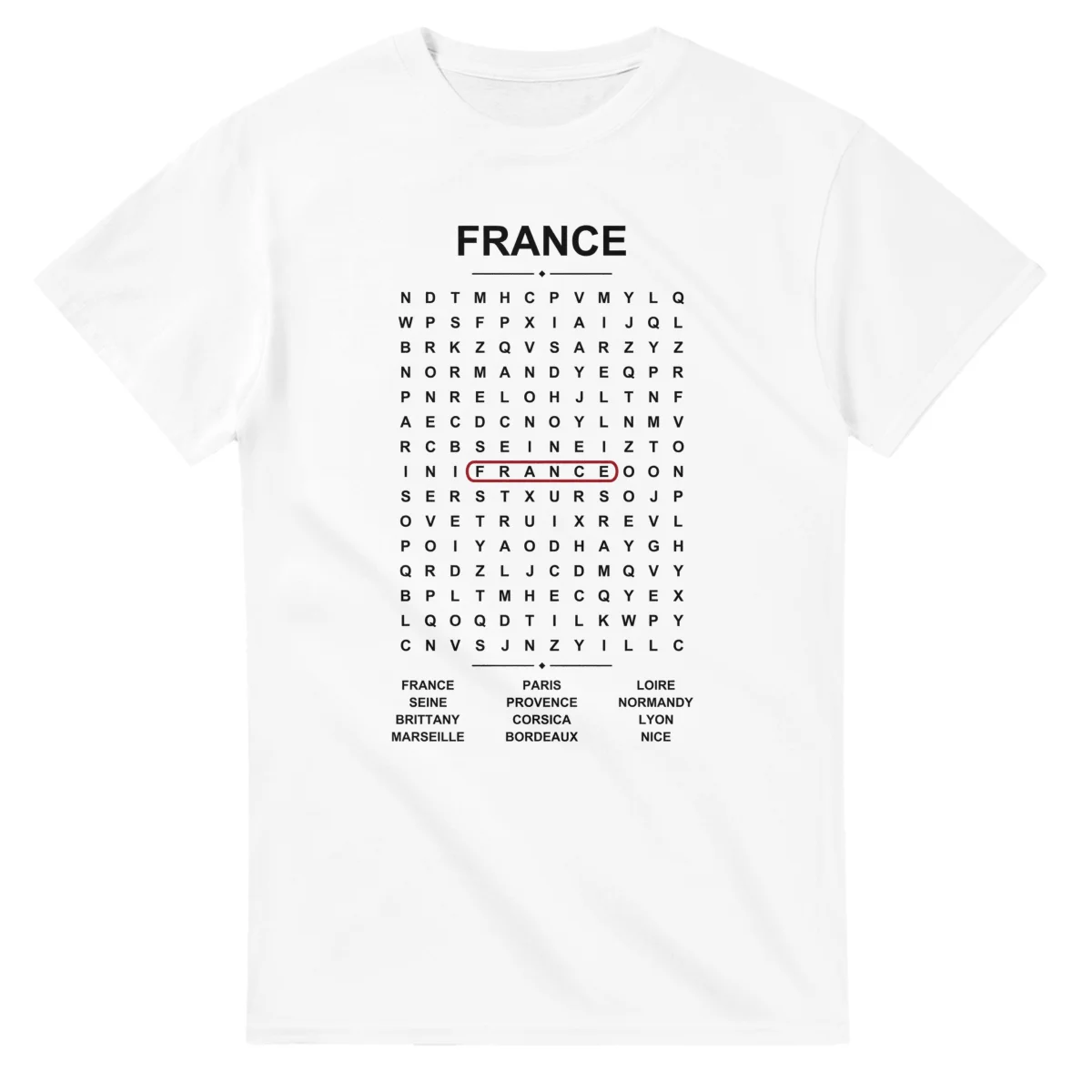 Word-search sheet for France, with a large place-name heading, a letter grid, a local answer list, and a red highlighted example word.