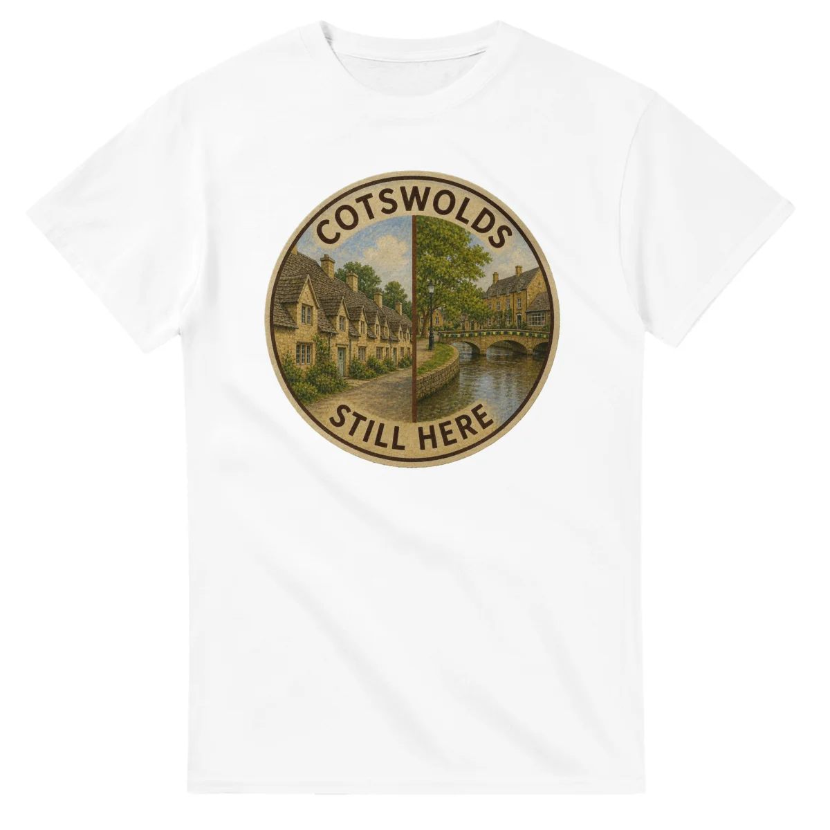 Painted, panelled scenic illustration for Cotswolds, with paired local scenes and the place name in lettering.