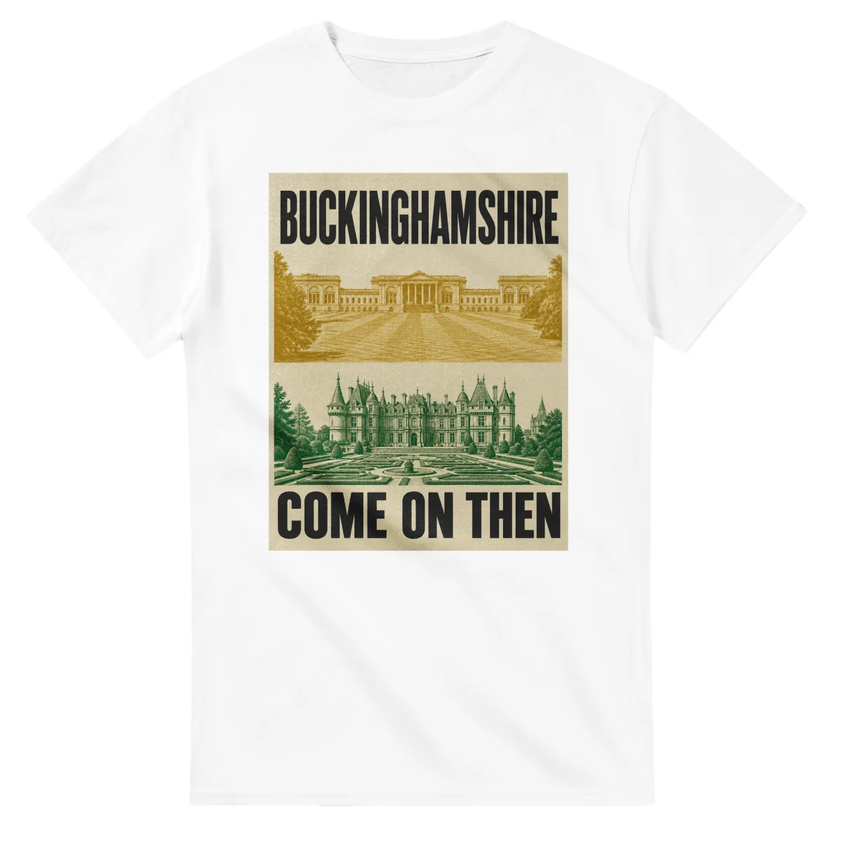 Two-colour scenic illustration for Buckinghamshire, with the place name and COME ON THEN lettering.