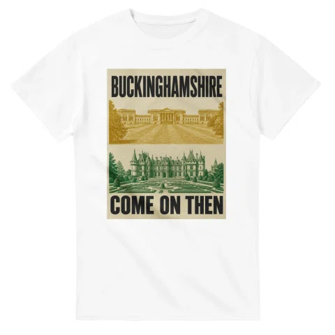 Two-colour scenic illustration for Buckinghamshire, with the place name and COME ON THEN lettering.