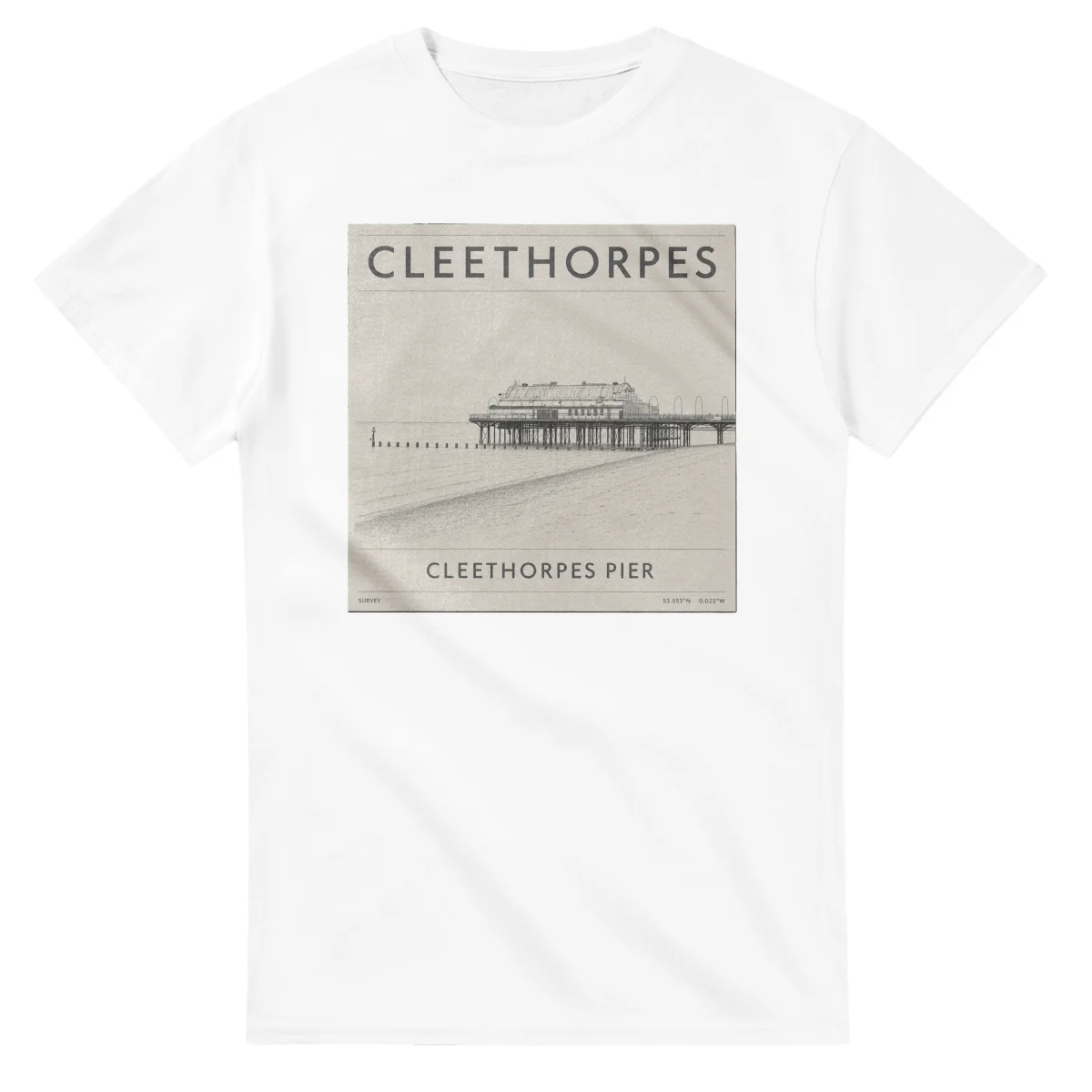 Fine-line engraving-style drawing for Cleethorpes, with a landmark caption and small coordinate text.