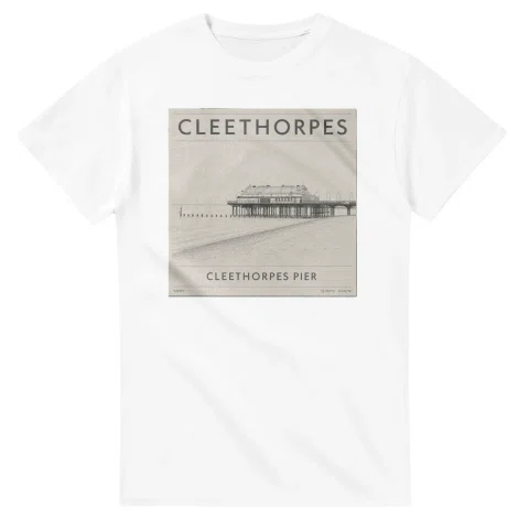 Fine-line engraving-style drawing for Cleethorpes, with a landmark caption and small coordinate text.