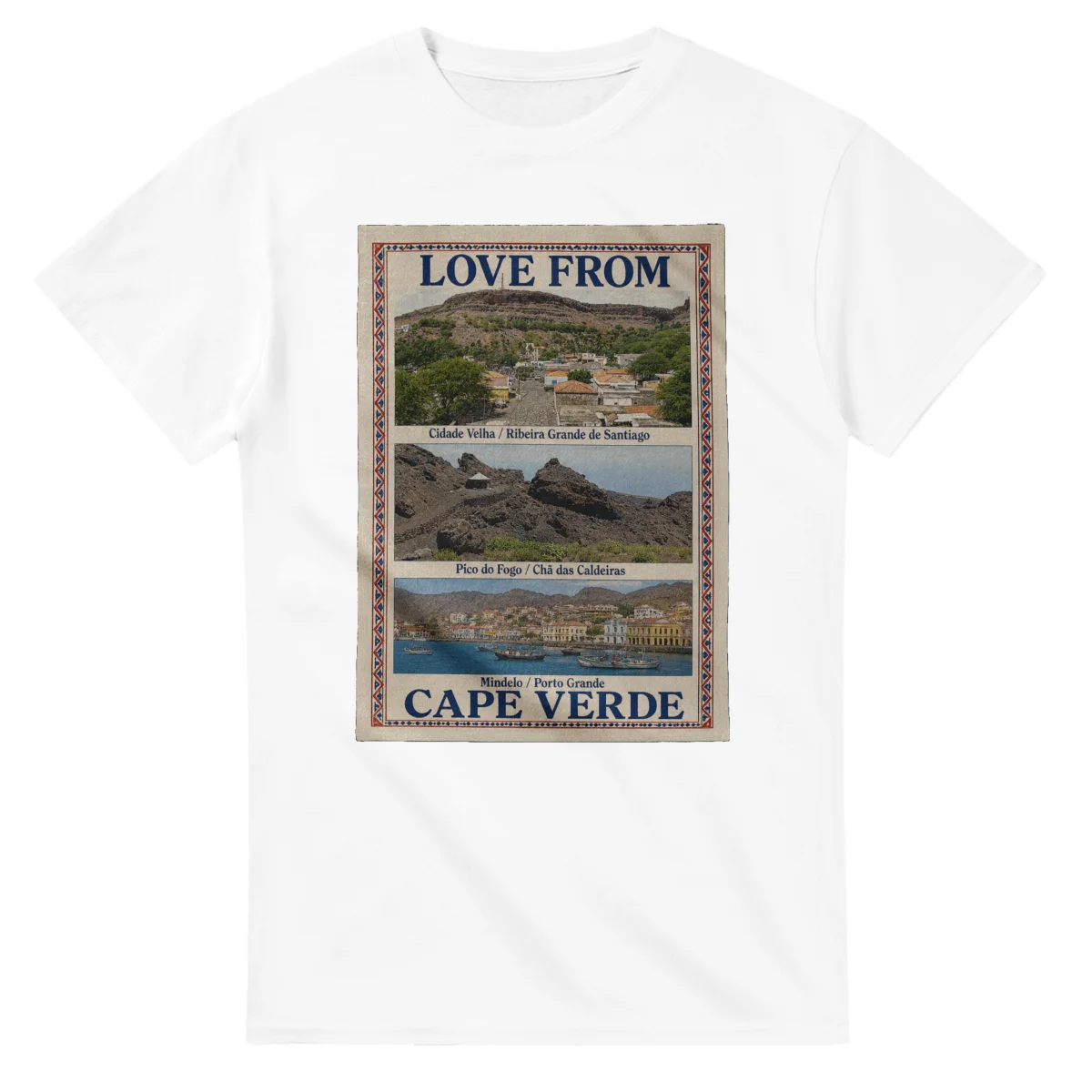 Framed scenic design for Cape Verde, with several local views, a decorative border and LOVE FROM lettering.