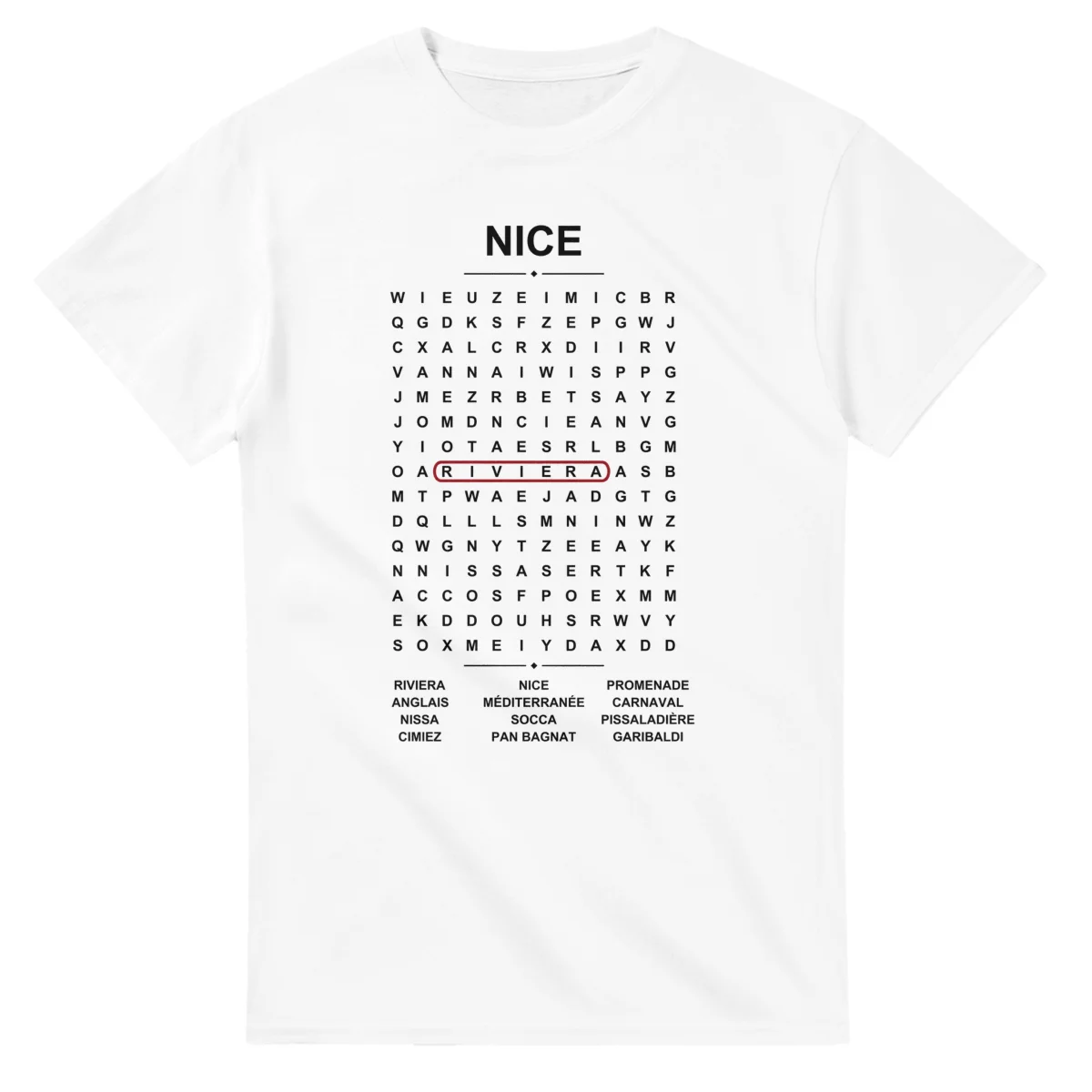 Word-search sheet for Nice, with a large place-name heading, a letter grid, a local answer list, and a red highlighted example word.