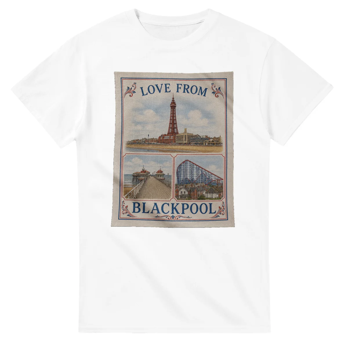 Framed scenic design for Blackpool, with several local views, a decorative border and LOVE FROM lettering.