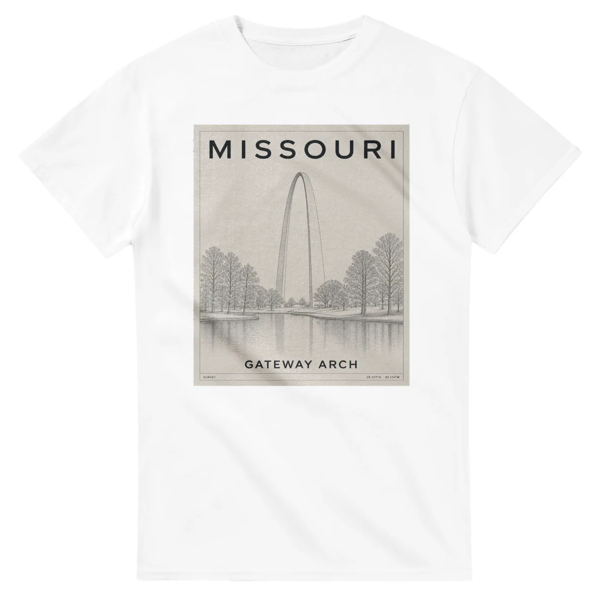Fine-line engraving-style drawing for Missouri, with a landmark caption and small coordinate text.