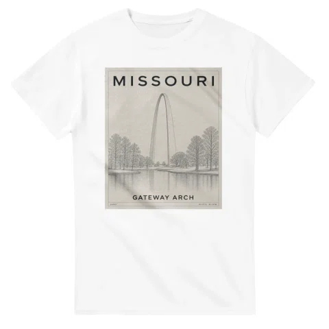 Fine-line engraving-style drawing for Missouri, with a landmark caption and small coordinate text.