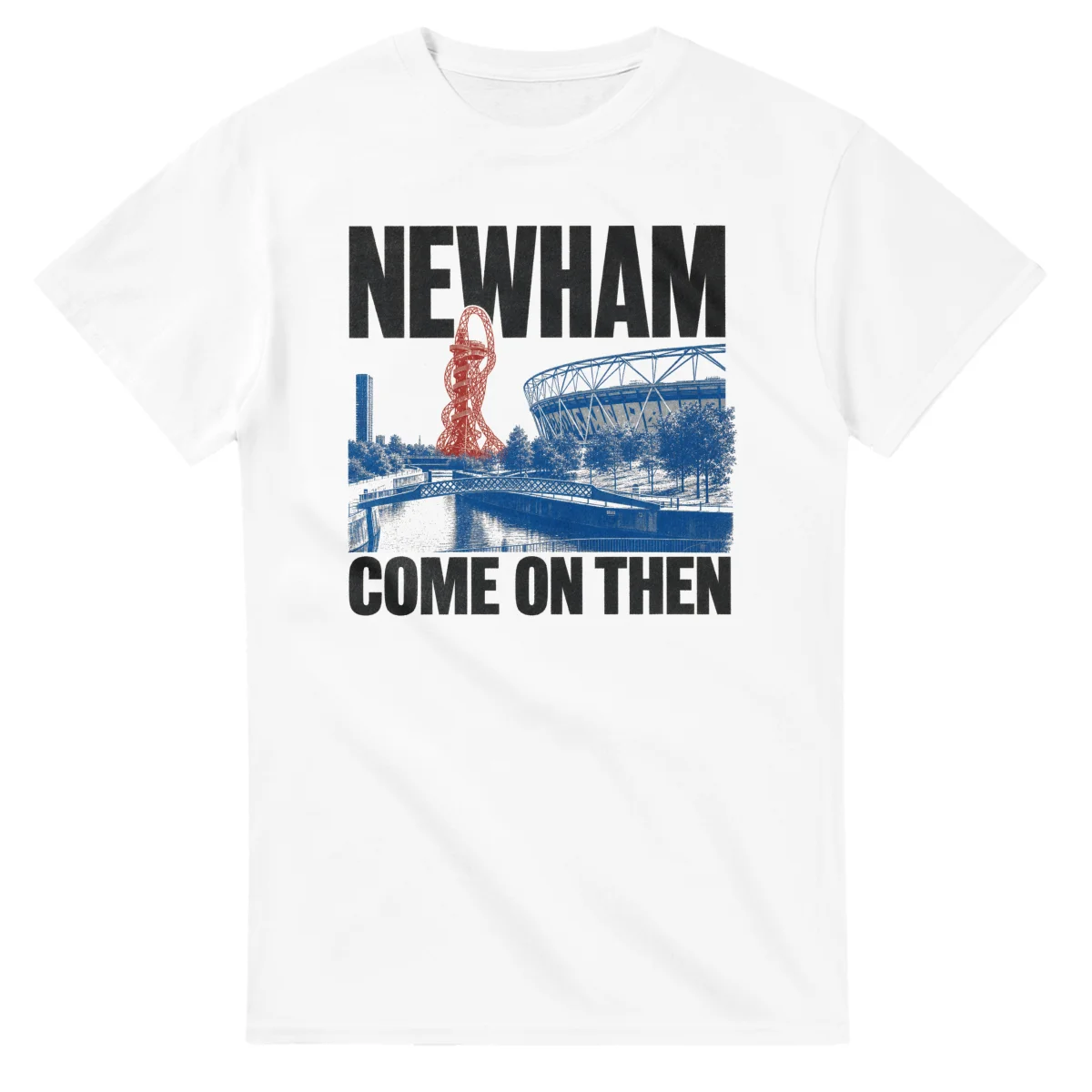 Two-colour scenic illustration for London Borough of Newham, with the place name and COME ON THEN lettering.