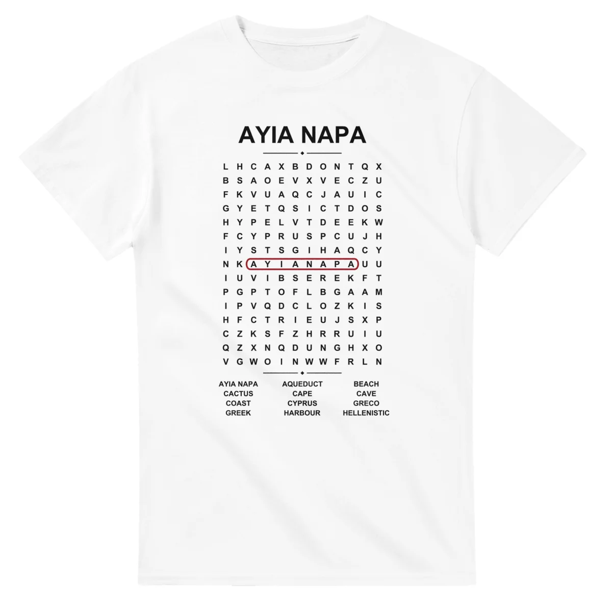 Word-search sheet for Ayia Napa, with a large place-name heading, a letter grid, a local answer list, and a red highlighted example word.