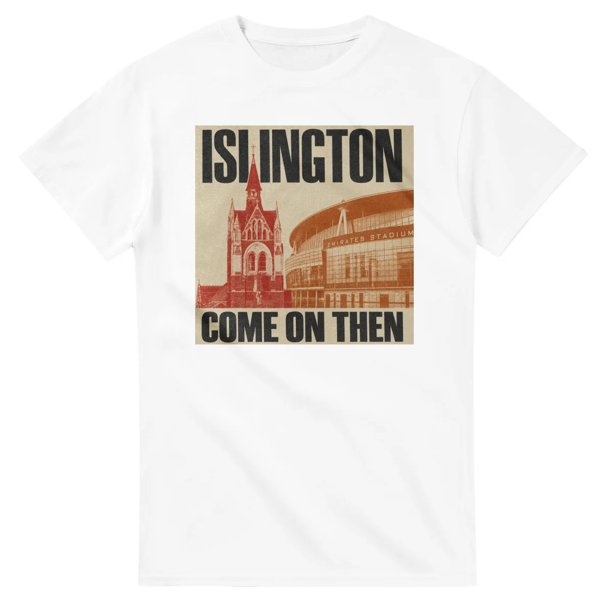 Two-colour scenic illustration for London Borough of Islington, with the place name and COME ON THEN lettering.