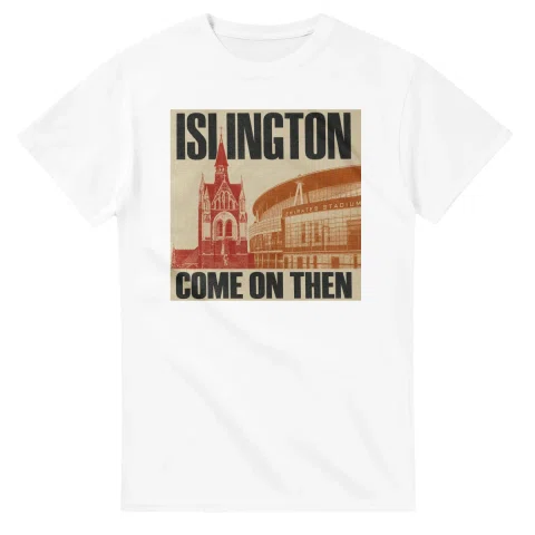 Two-colour scenic illustration for London Borough of Islington, with the place name and COME ON THEN lettering.