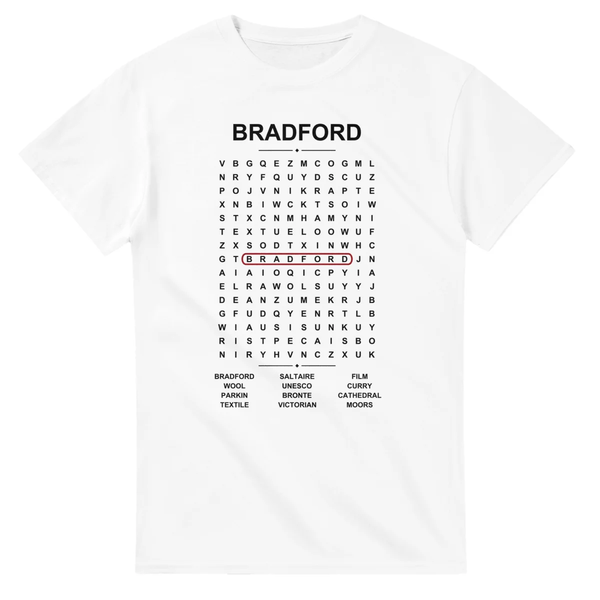 Word-search sheet for Bradford, with a large place-name heading, a letter grid, a local answer list, and a red highlighted example word.