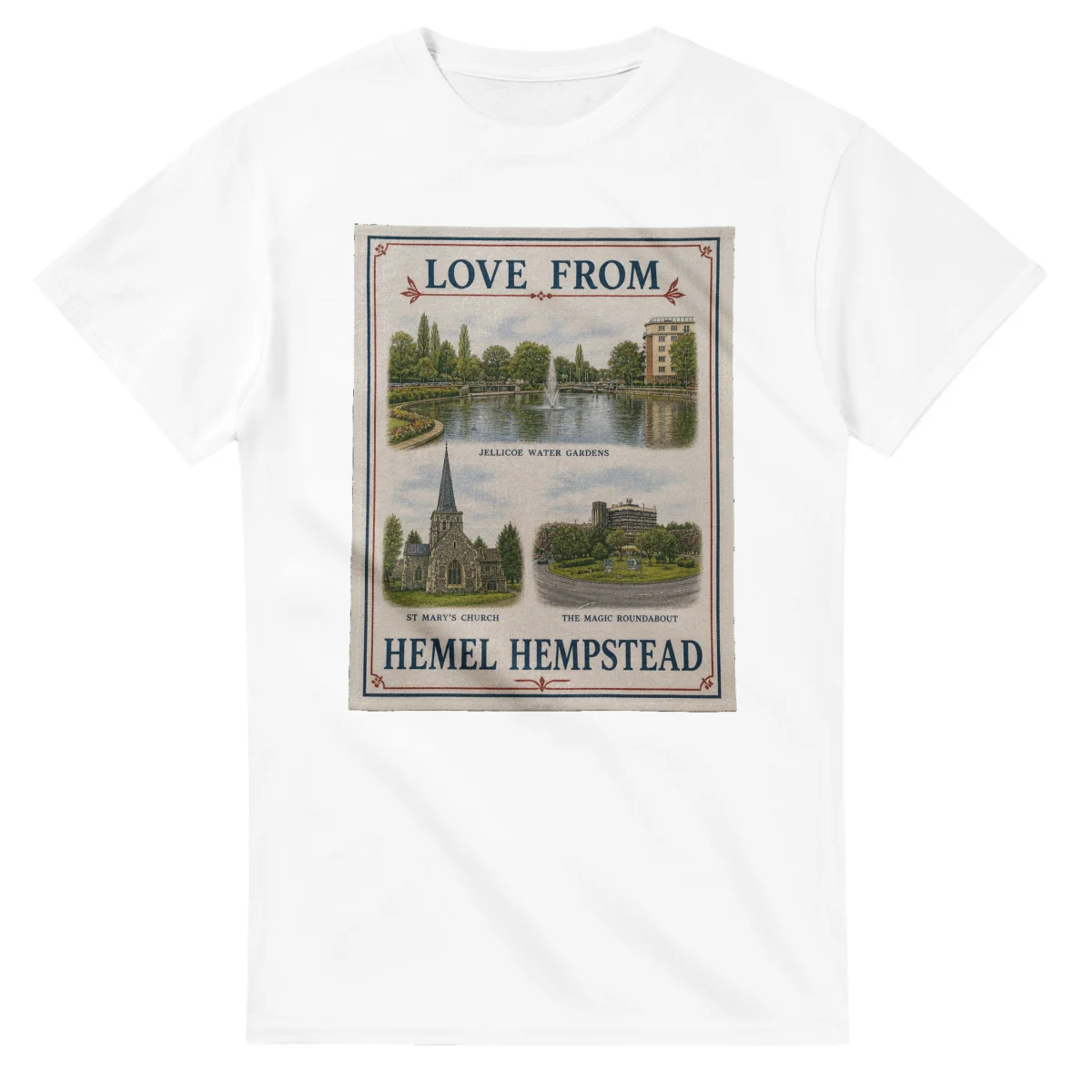 Framed scenic design for Hemel Hempstead, with several local views, a decorative border and LOVE FROM lettering.