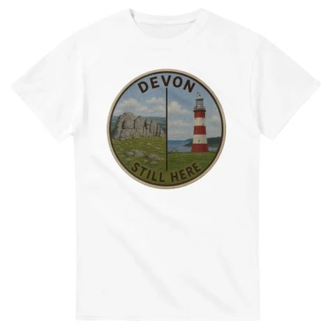 Painted, panelled scenic illustration for Devon, with paired local scenes and the place name in lettering.