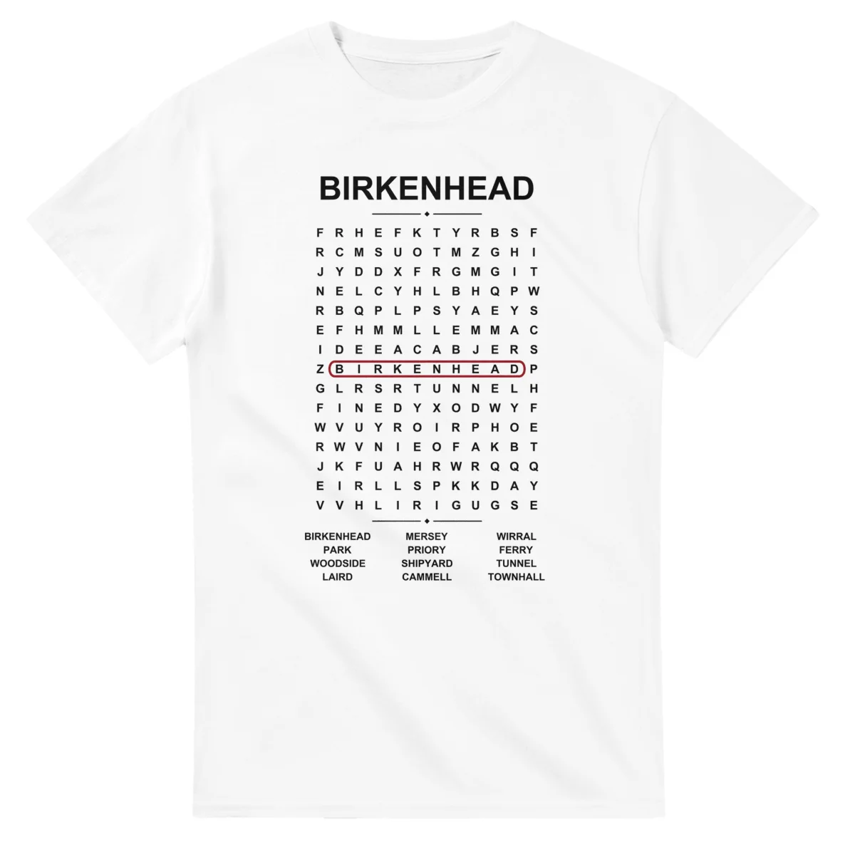 Word-search sheet for Birkenhead, with a large place-name heading, a letter grid, a local answer list, and a red highlighted example word.
