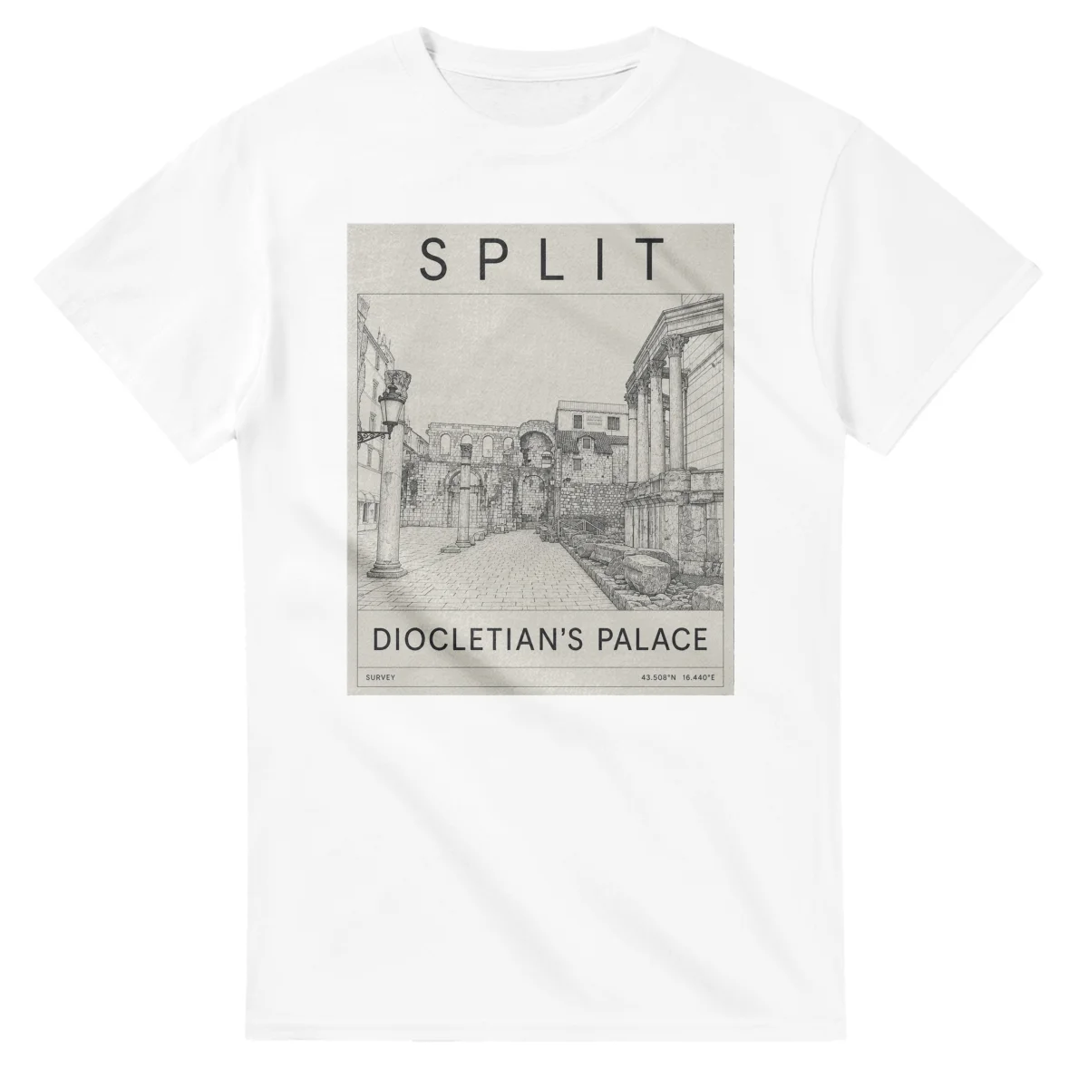 Fine-line engraving-style drawing for Split, with a landmark caption and small coordinate text.