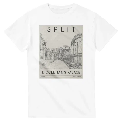 Fine-line engraving-style drawing for Split, with a landmark caption and small coordinate text.