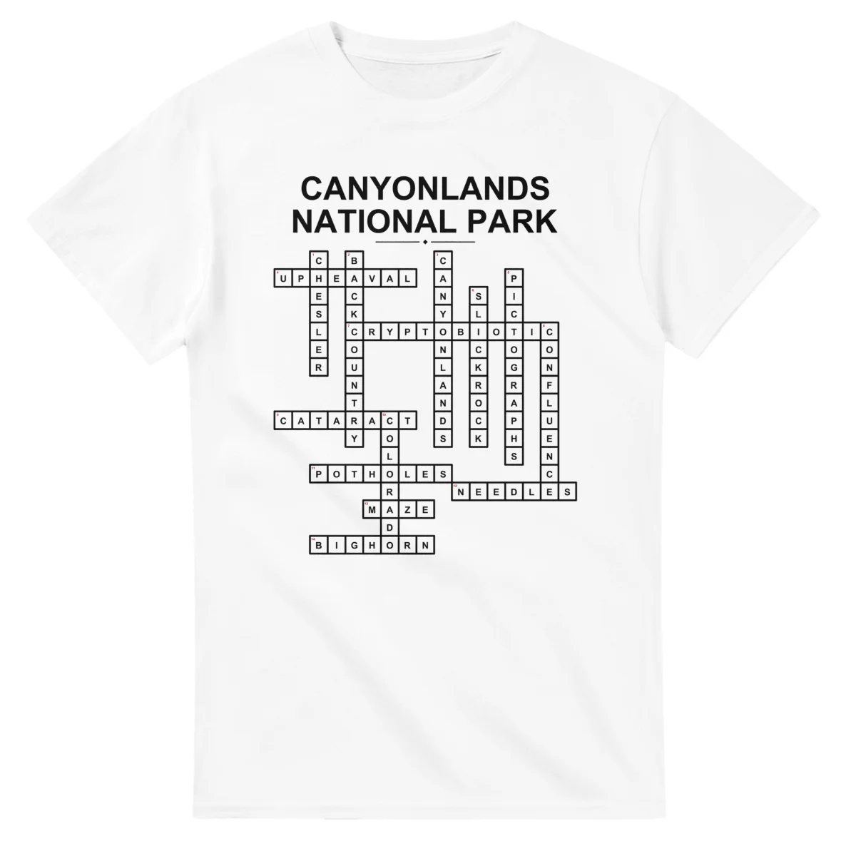 Monochrome crossword sheet for Canyonlands National Park, with a large place-name heading, a letter grid, and numbered across and down clues.