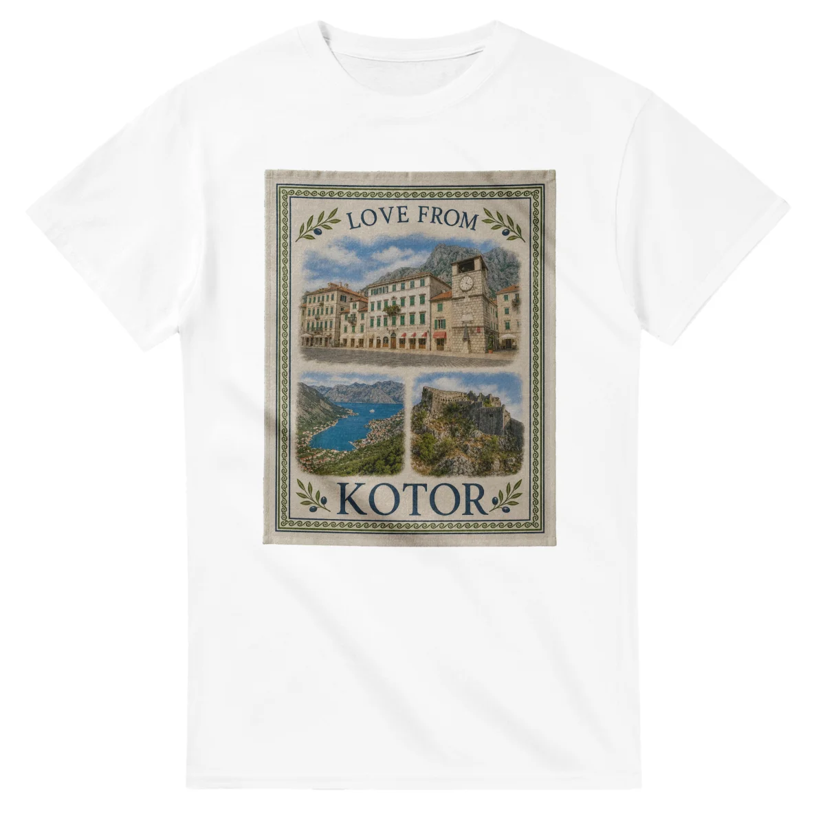 Framed scenic design for Kotor, with several local views, a decorative border and LOVE FROM lettering.