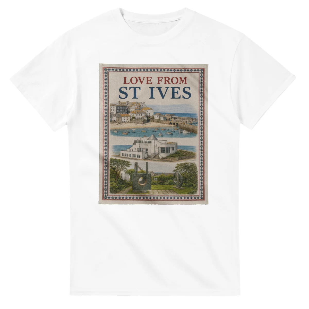 Framed scenic design for St Ives, with several local views, a decorative border and LOVE FROM lettering.