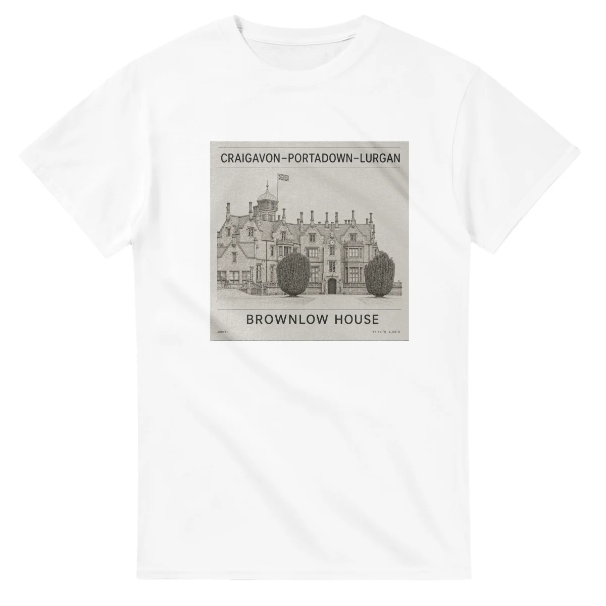 Fine-line engraving-style drawing for Craigavon–Portadown–Lurgan, with a landmark caption and small coordinate text.