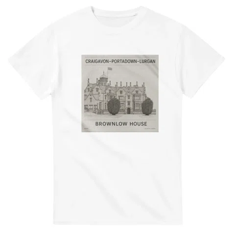 Fine-line engraving-style drawing for Craigavon–Portadown–Lurgan, with a landmark caption and small coordinate text.