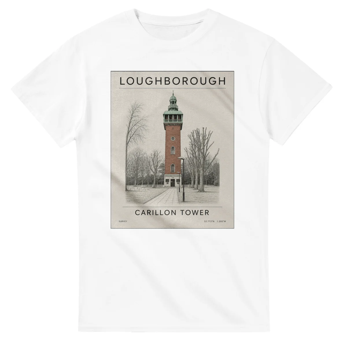 Fine-line engraving-style drawing for Loughborough, with a landmark caption and small coordinate text.
