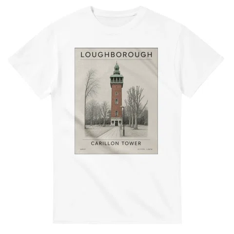 Fine-line engraving-style drawing for Loughborough, with a landmark caption and small coordinate text.