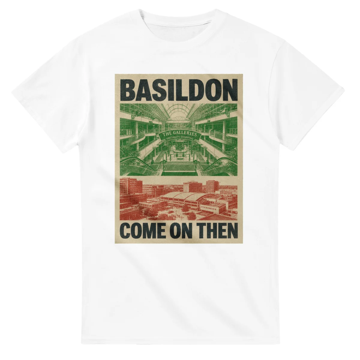 Two-colour scenic illustration for Basildon, with the place name and COME ON THEN lettering.