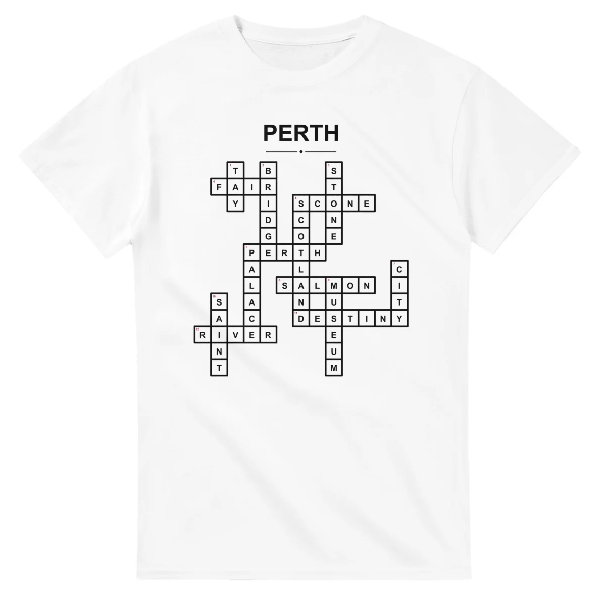 Monochrome crossword sheet for Perth, with a large place-name heading, a letter grid, and numbered across and down clues.