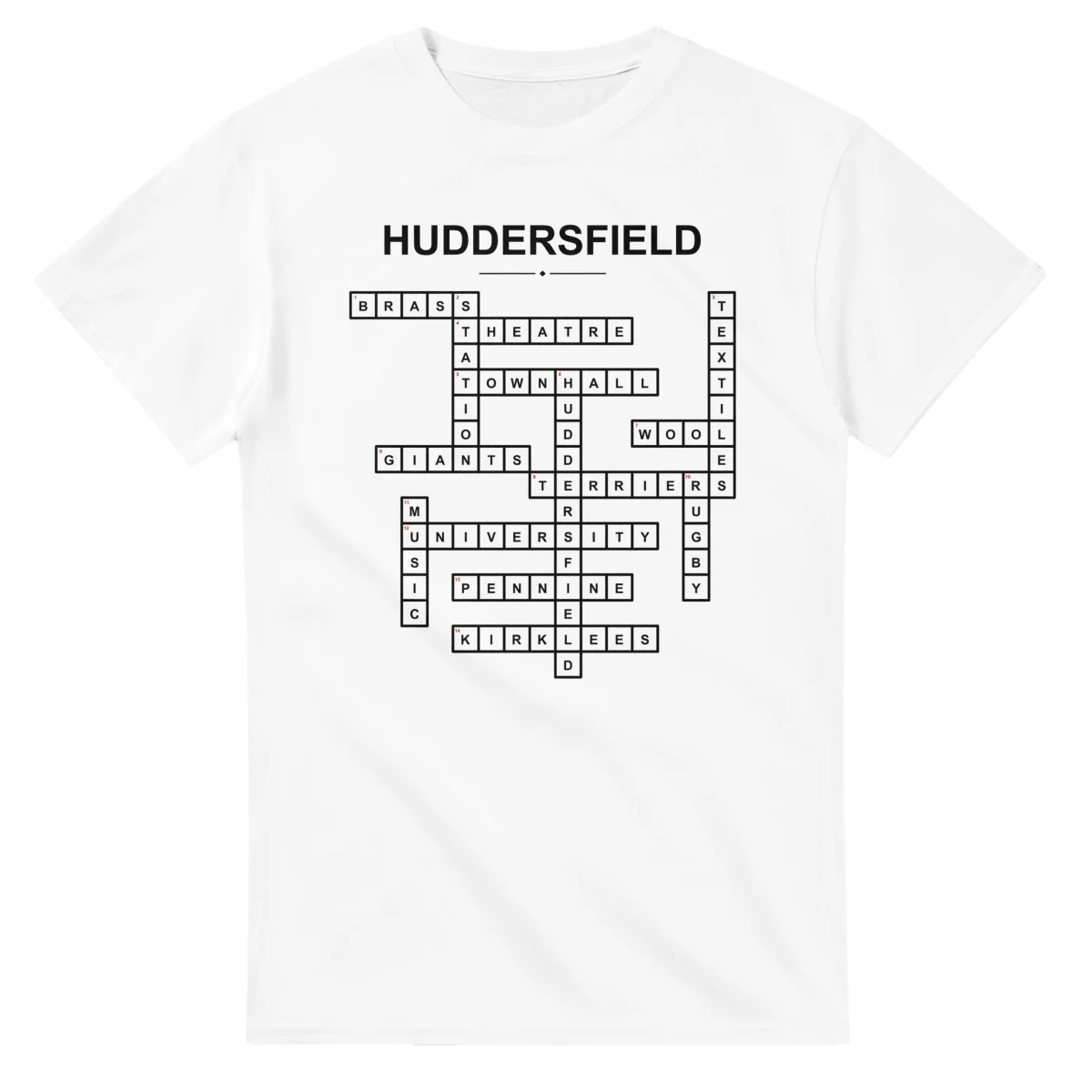 Monochrome crossword sheet for Huddersfield, with a large place-name heading, a letter grid, and numbered across and down clues.