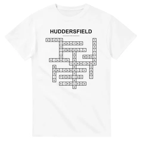 Monochrome crossword sheet for Huddersfield, with a large place-name heading, a letter grid, and numbered across and down clues.
